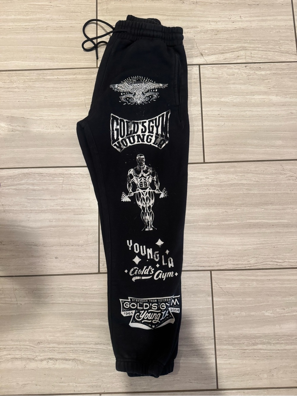 YoungLA Black Sweatpants with White Graphic Logos and Muscle Print